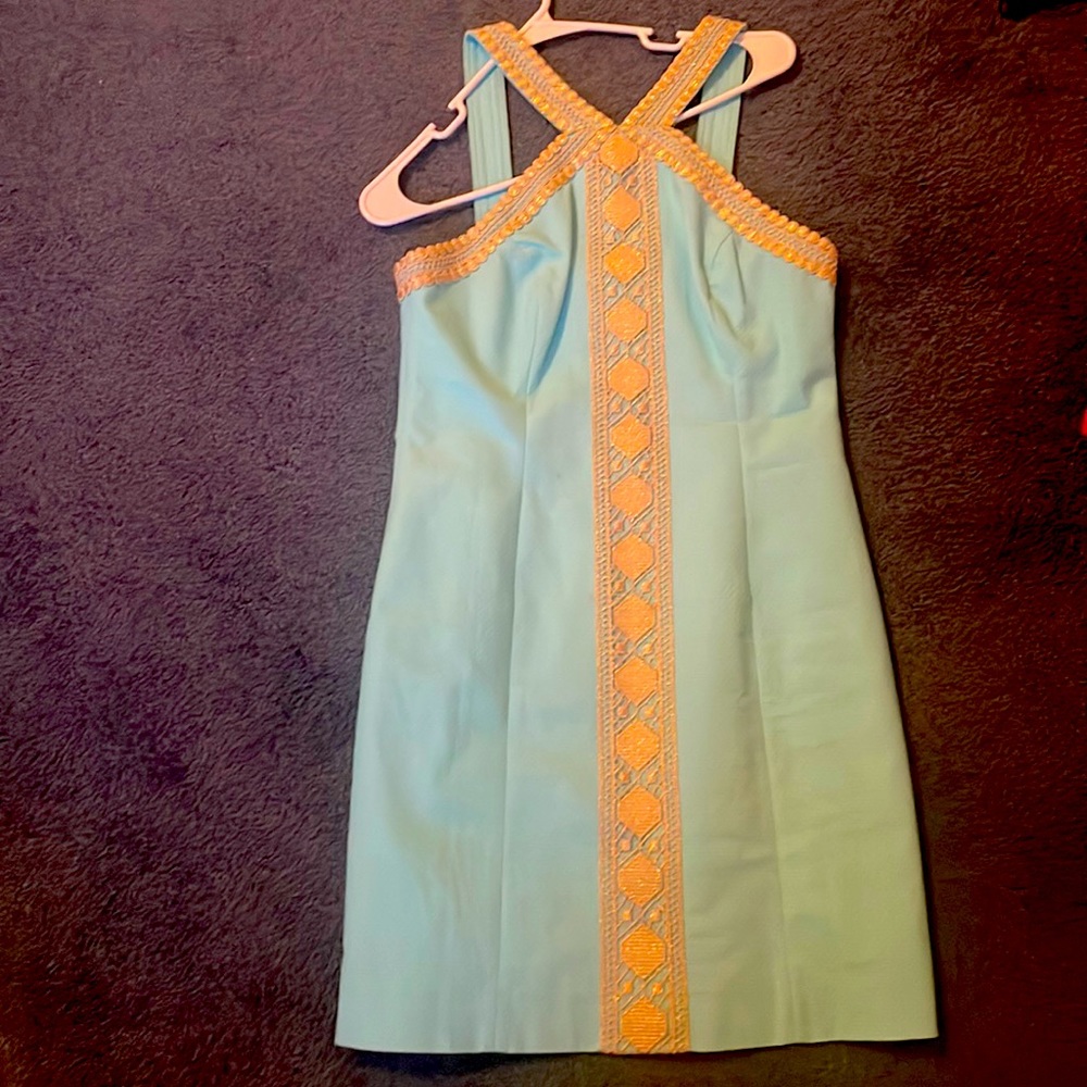 Lilly Pulitzer turquoise and gold trim shift dress